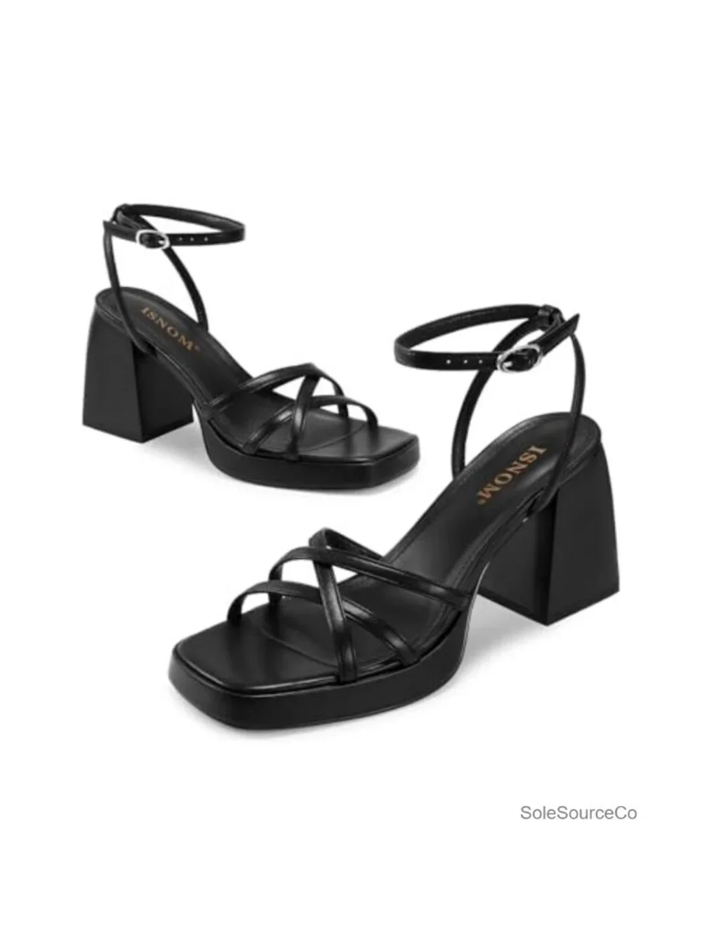 Chunky Platform Heels Sandals Square Toe Ankle Strap Faux Leather Comfortable
